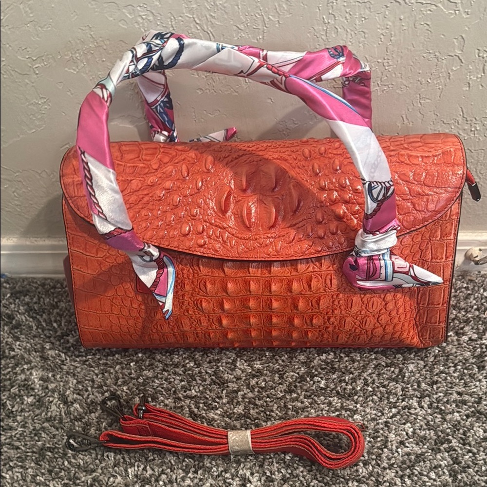 Orange and Pink Crocodile Embossed Satchel